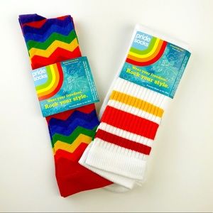 Two pair of rainbow striped Pride Socks knee highs